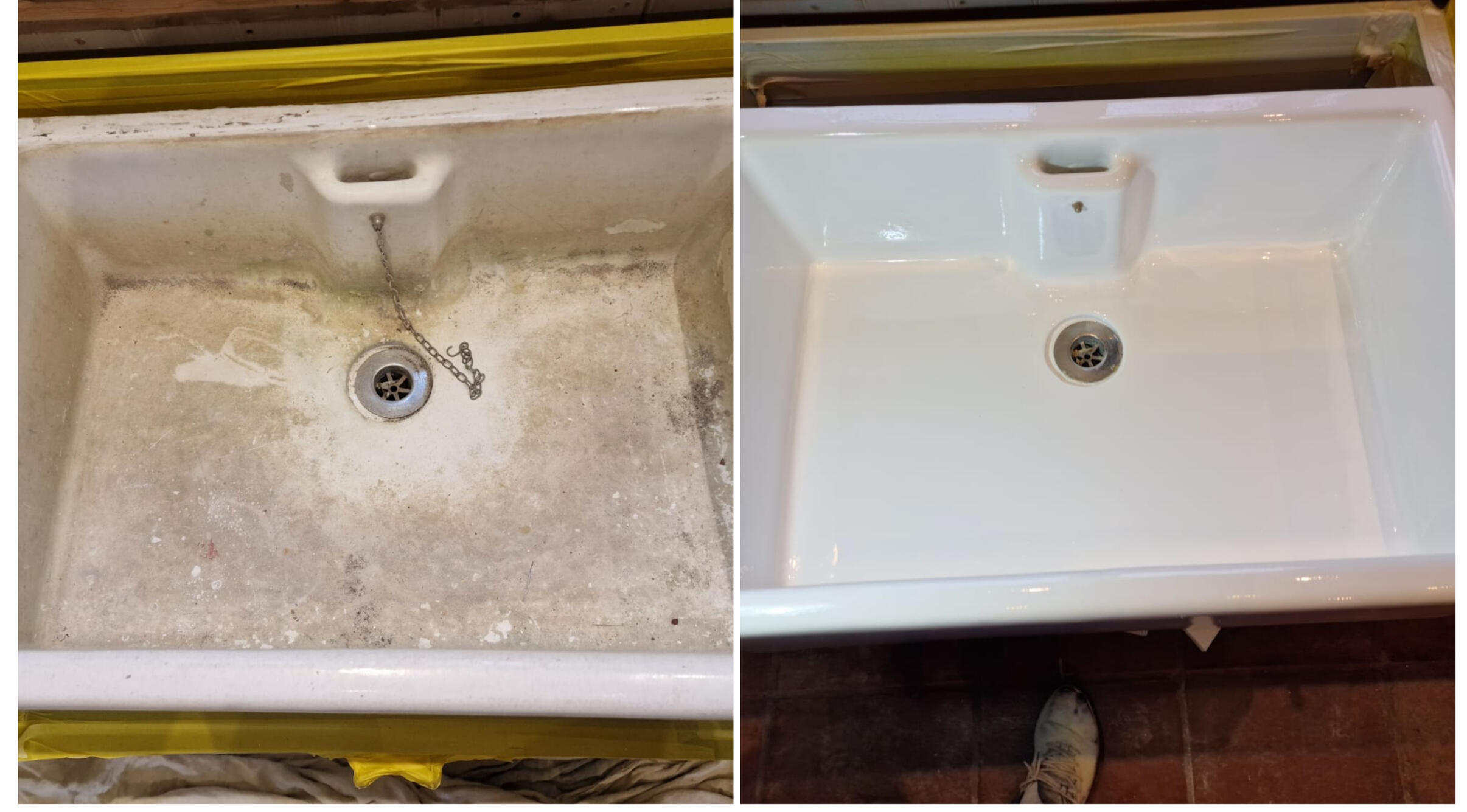 BELFAST KITCHEN SINK RESTORED IN Dudley BEFORE AND AFTER PHOTOS OF A KITCHEN CERAMIC BELFAST SINK, WAS DAMAGED AND FULL OF CHIPS, FULLY RESORED TO A LIKE NEW FINISH IN Dudley