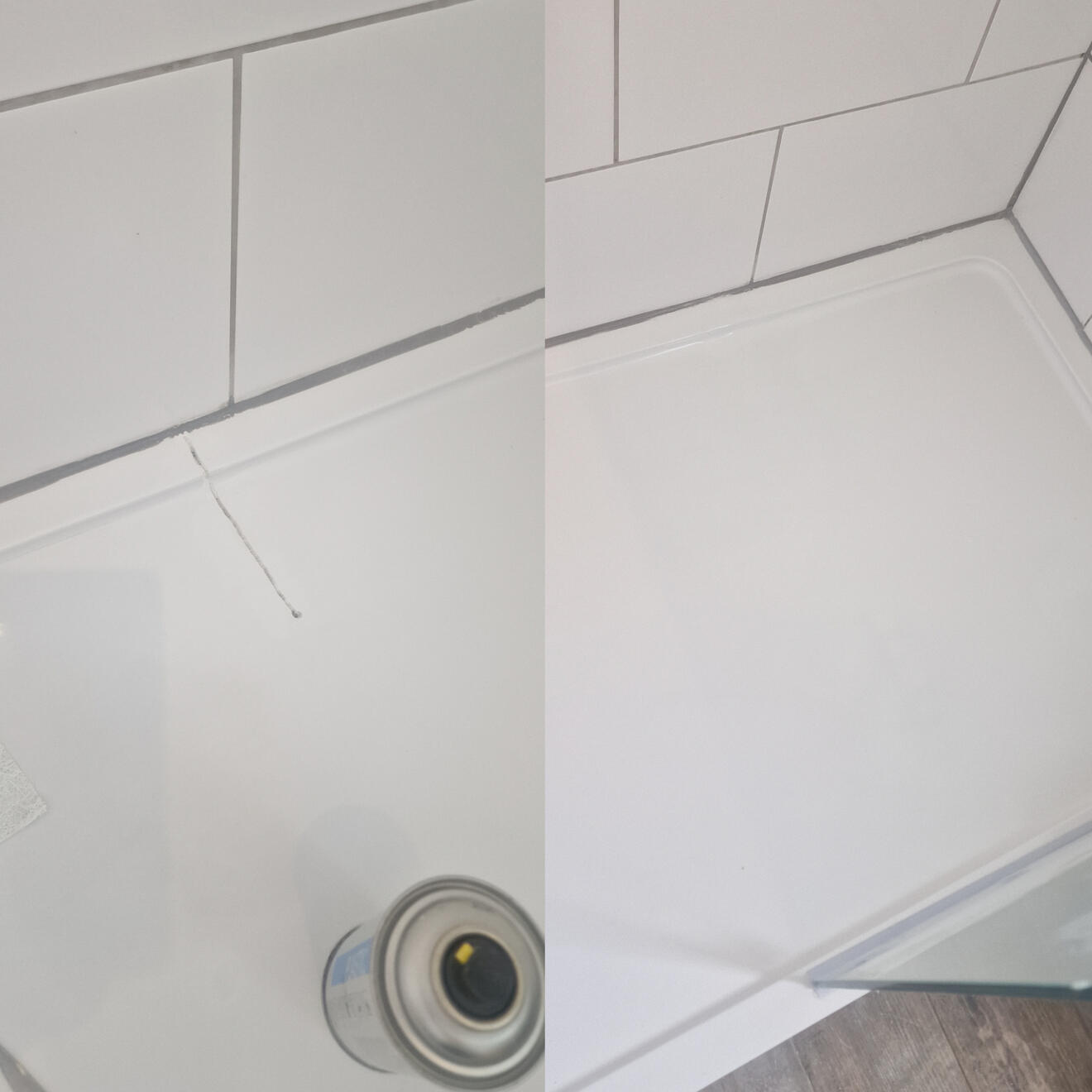 Shower tray crack repair Before and after stone resin shower tray crack repair in Dudley