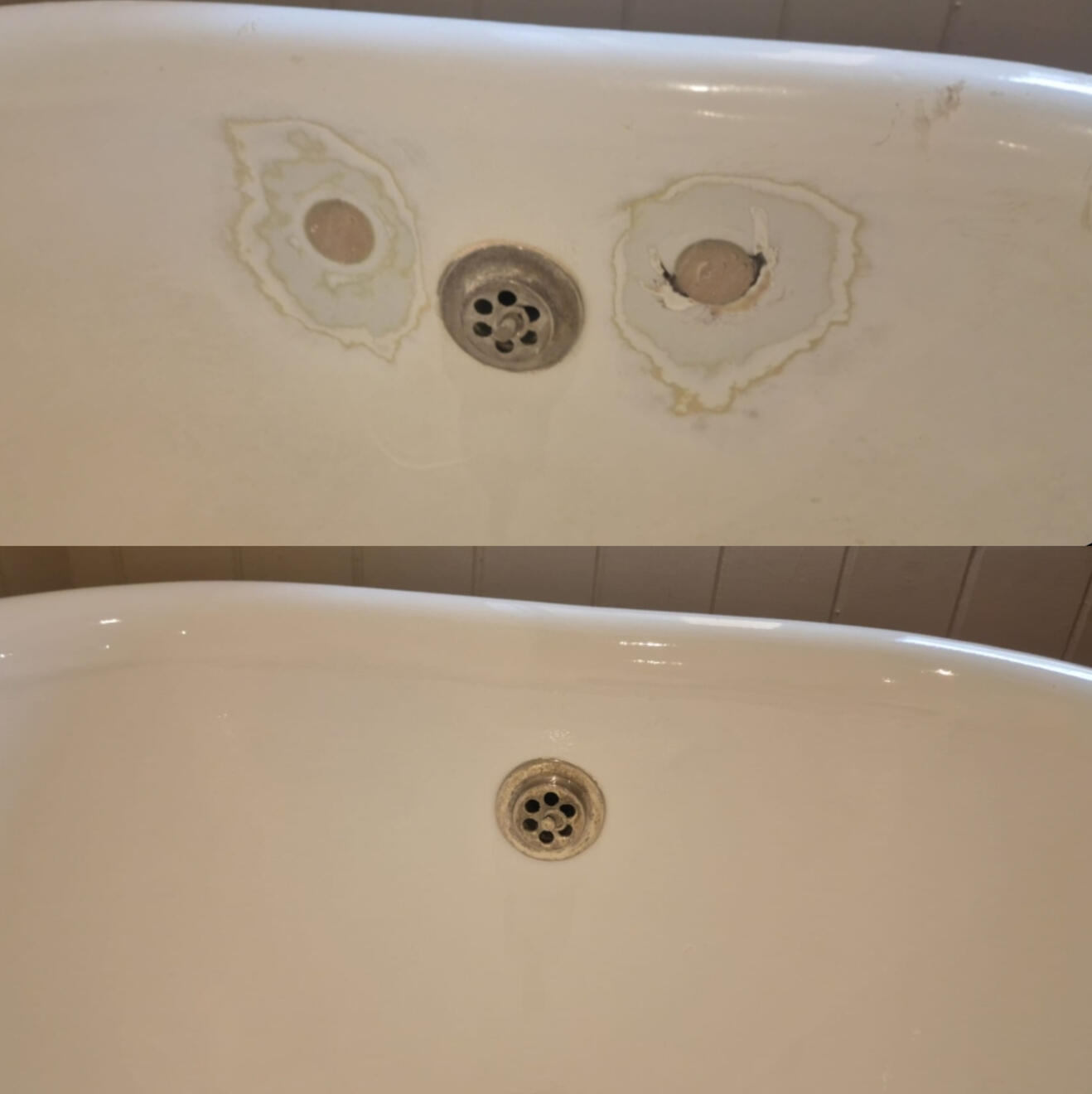 BEFORE AND AFTER PICTURES OF A CAST IRON BATH TAP HOLES FILLED AND REPAIRED Before and after cast iron bath tap holes filled and repaired in Dudley
