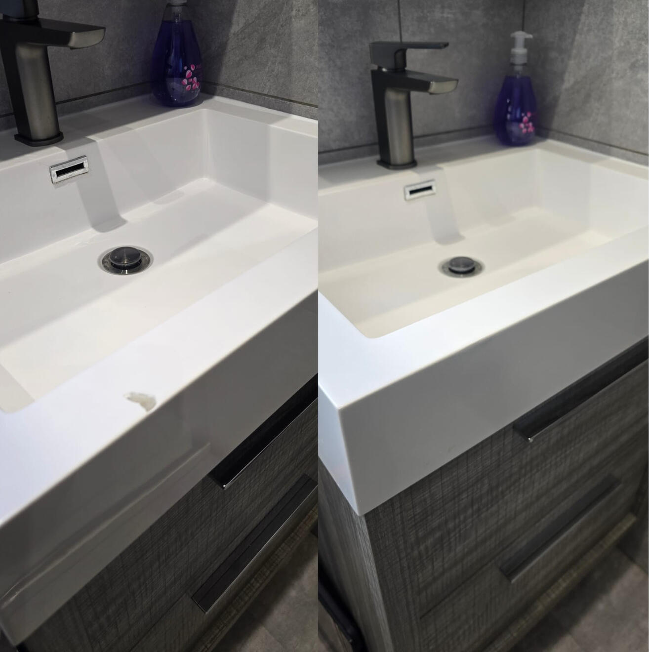 BEFORE AND AFTER PICTURES OF A COMPOSITE BATHROOM BASIN CHIP REPAIR Before and after composite bathroom basin chip repair in Brierley Hill, Dudley