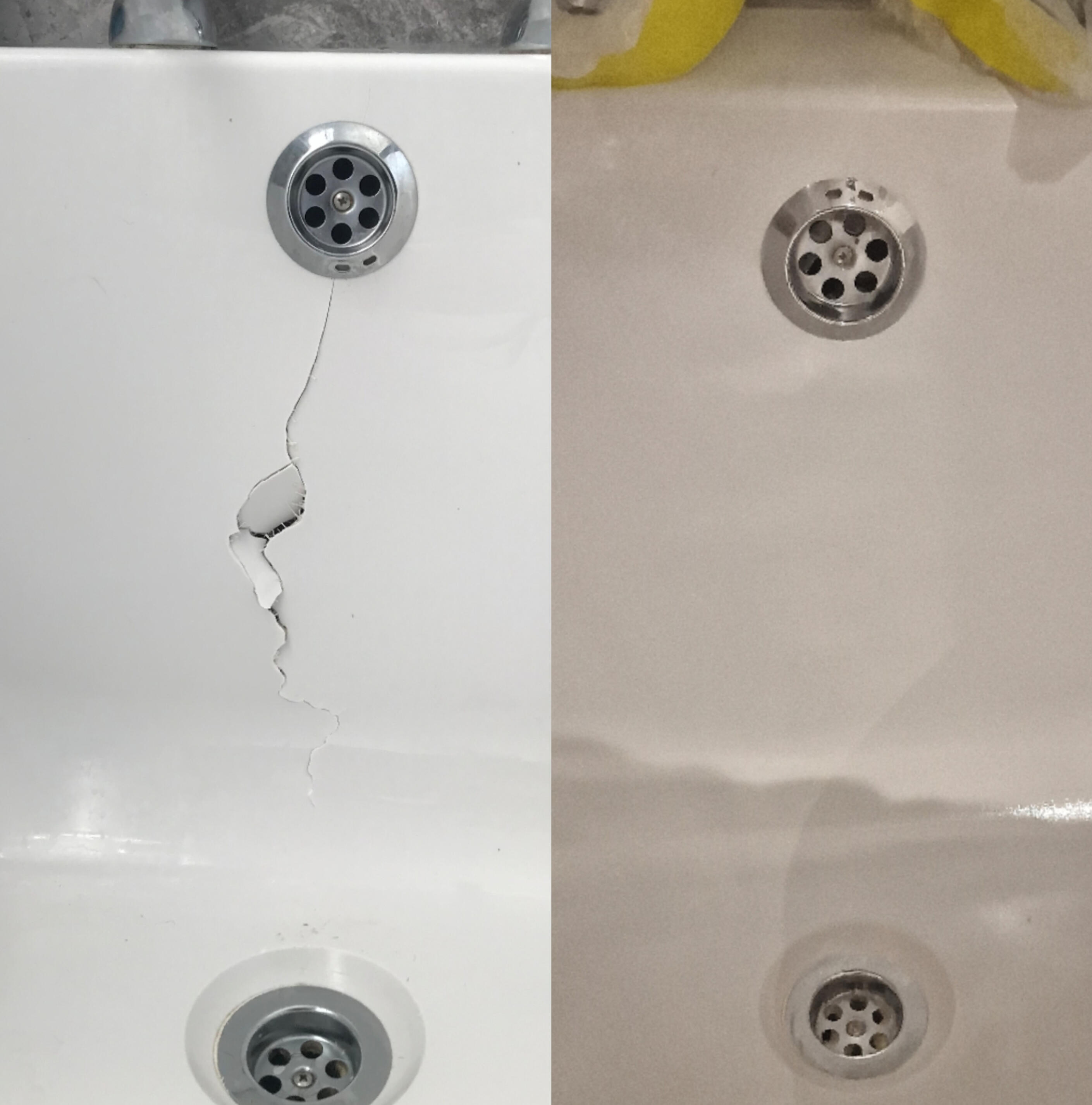 Acrylic Bath Crack Repair Before & After photos of an Acrylic Bath Crack Repair in Dudley