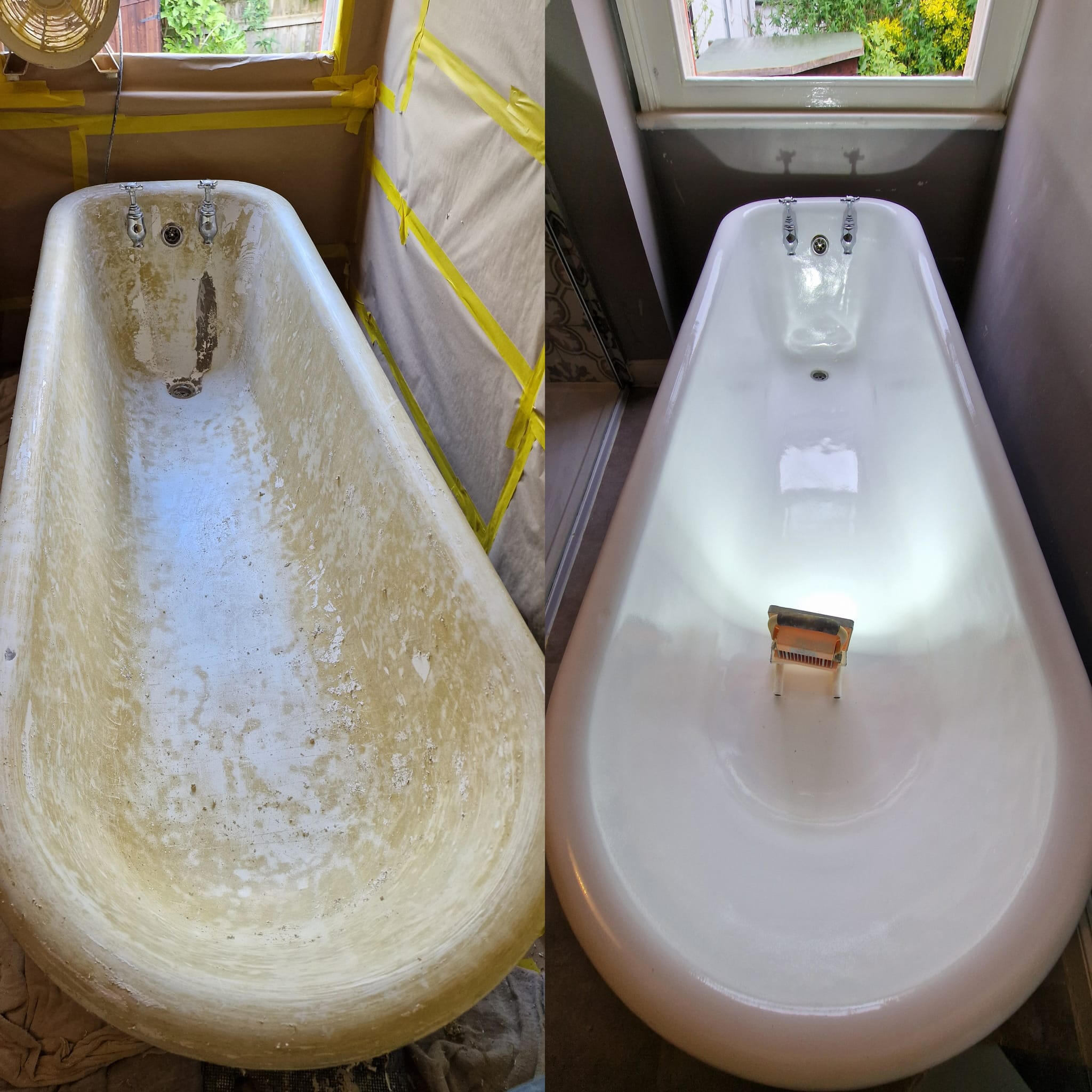 PICTURE OF A BEFORE AND AFTER OF A ROLL TOP CAST IRON BATH Before and after roll top cast iron bath re-enamelling in Dudley
